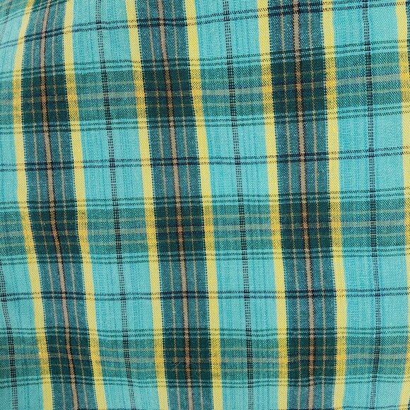 Vtg Cotton Plaid Long Sleeve Collared Button Down Shirt Turquoise Green Yellow - Picture 10 of 16